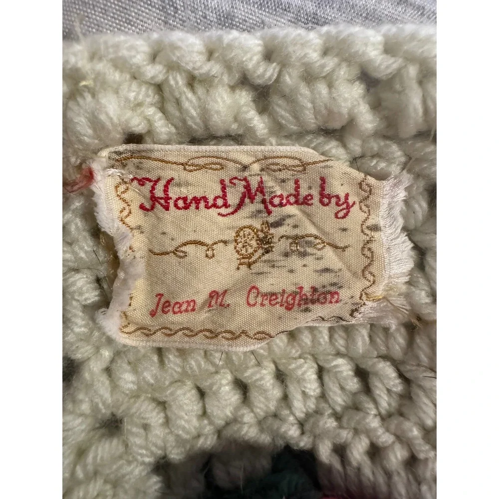 Vintage Handmade Crochet 3D Rose Granny‎ Square Afghan Blanket Cream Pink Green